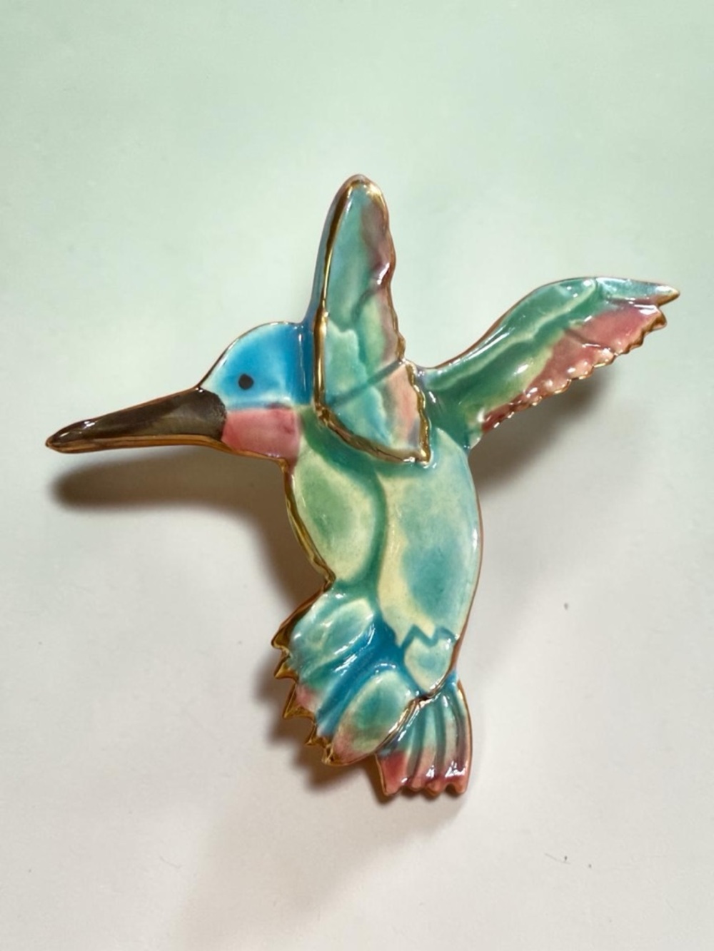 Vintage Hummingbird Brooch Turquoise Green Pink Enamel Gold Tone Bird Pin